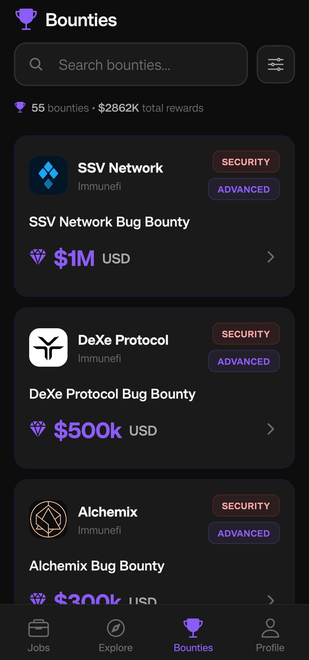 Bounties screen listing security bug bounties with reward amounts