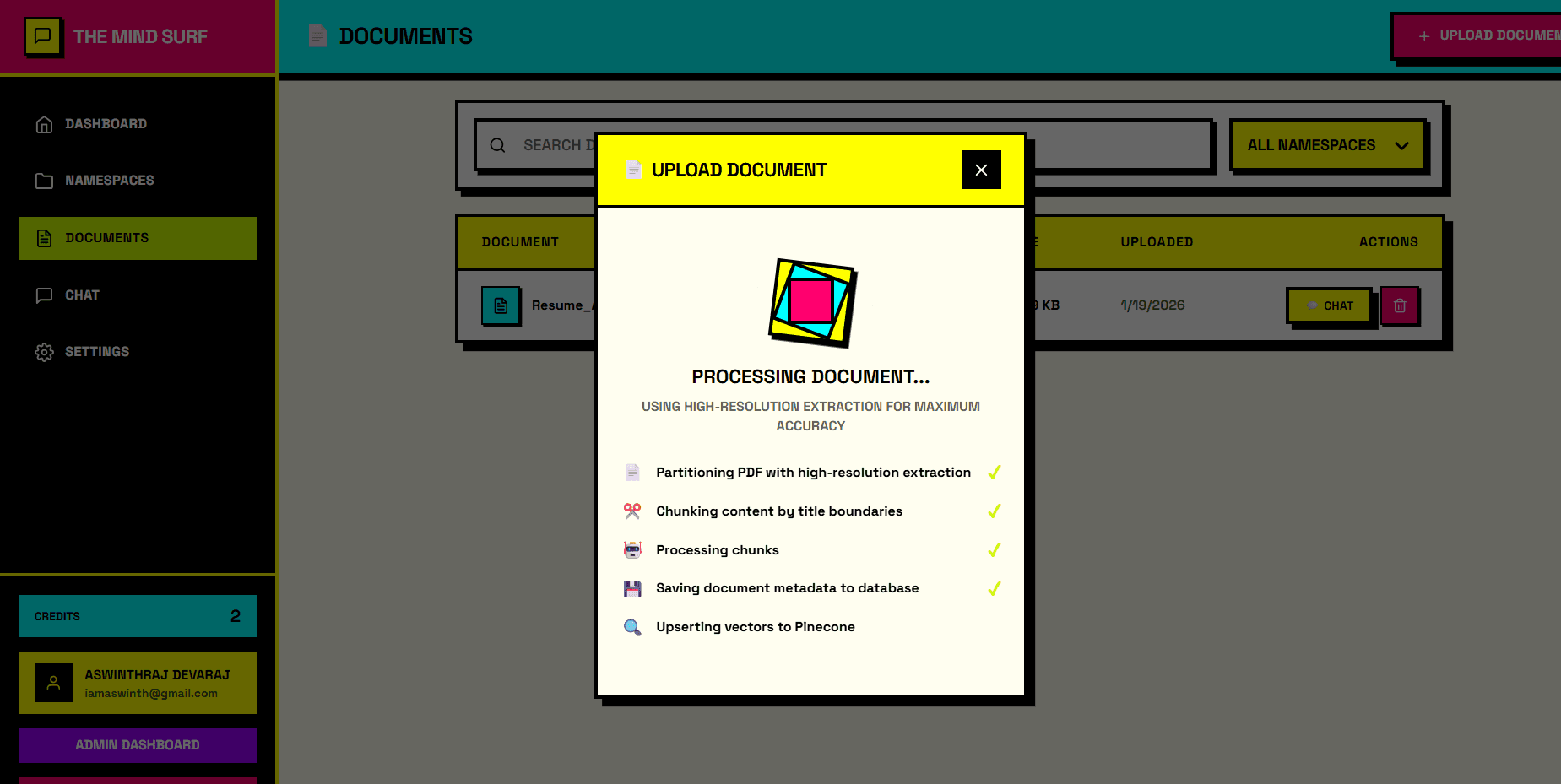 Document processing modal showing live pipeline progress: partitioning the PDF, chunking by title boundaries, processing chunks, saving metadata, and upserting vectors to Pinecone