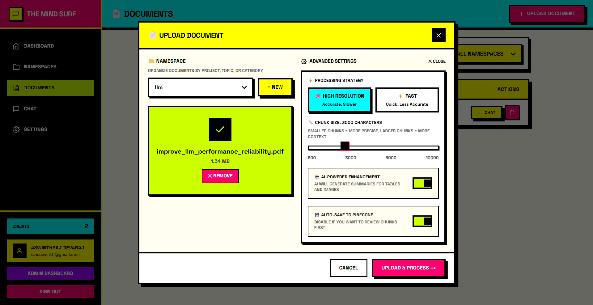 Upload document modal with namespace selection and advanced settings for processing strategy, chunk size, AI-powered enhancement, and auto-save to Pinecone